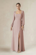 Square Neck Long Sleeve A-Line Chiffon Bridesmaid Dress in Toffee - SHE IS ME BRIDESMAID DRESSES