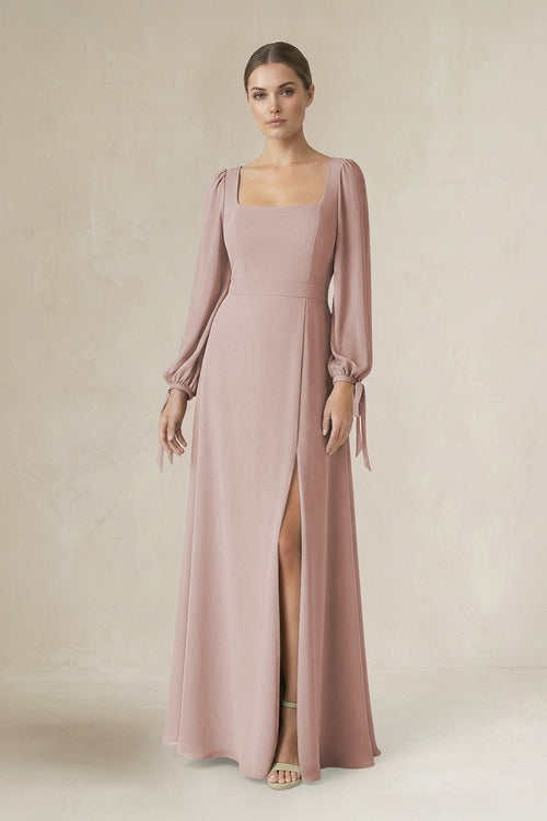 Square Neck Long Sleeve A-Line Chiffon Bridesmaid Dress in Toffee - SHE IS ME BRIDESMAID DRESSES