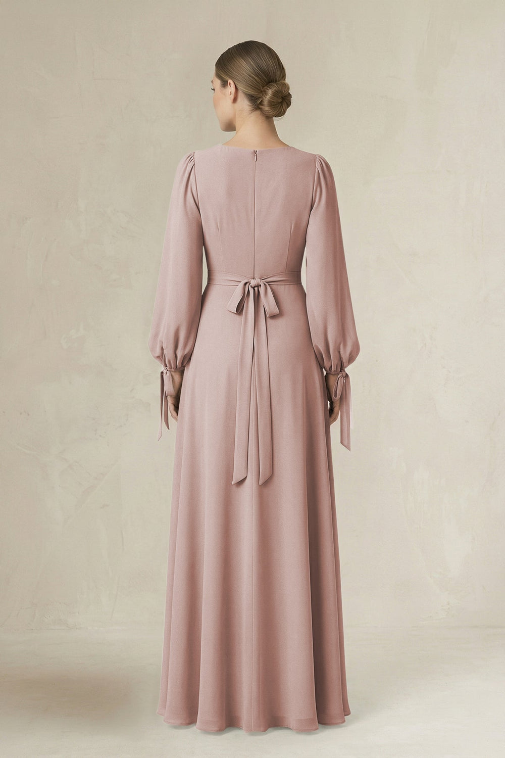 Square Neck Long Sleeve A-Line Chiffon Bridesmaid Dress in Toffee - KISS BRIDAL BRIDESMAID DRESSES
