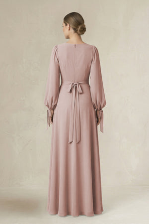 Square Neck Long Sleeve A-Line Chiffon Bridesmaid Dress in Toffee - SHE IS ME BRIDESMAID DRESSES