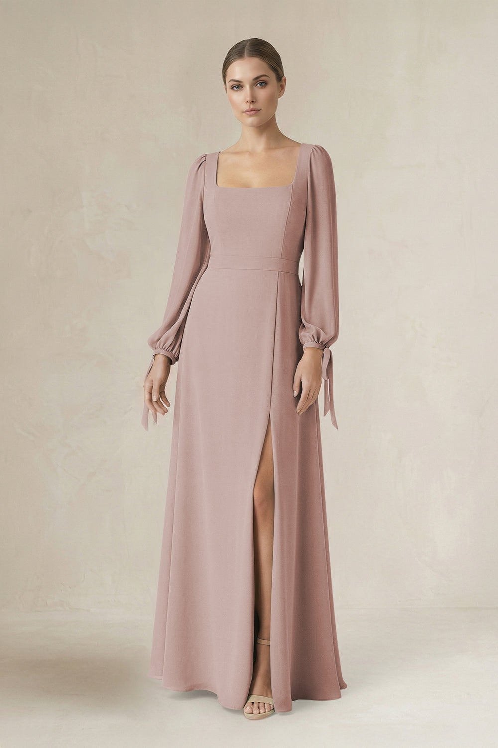 Square Neck Long Sleeve A-Line Chiffon Bridesmaid Dress in Toffee