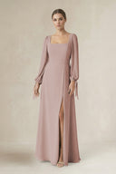 Square Neck Long Sleeve A-Line Chiffon Bridesmaid Dress in Toffee | KISSBRIDAL