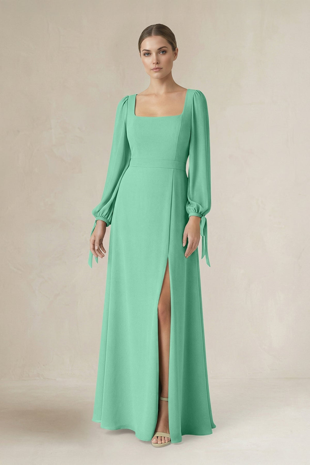 Square Neck Long Sleeve A-Line Chiffon Bridesmaid Dress in Turquoise - KISS BRIDAL BRIDESMAID DRESSES
