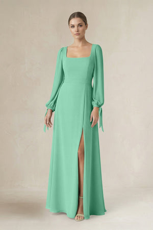 Square Neck Long Sleeve A-Line Chiffon Bridesmaid Dress in Turquoise - SHE IS ME BRIDESMAID DRESSES