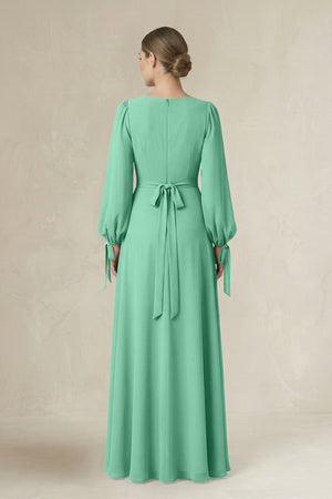 Square Neck Long Sleeve A-Line Chiffon Bridesmaid Dress in Turquoise - SHE IS ME BRIDESMAID DRESSES