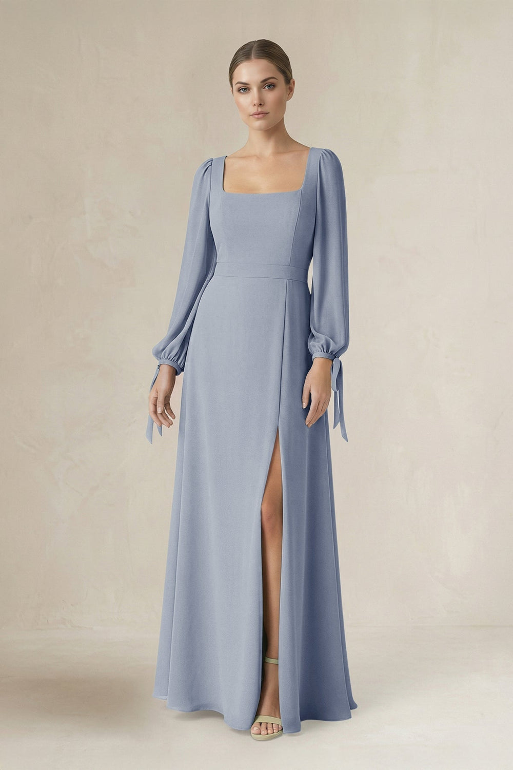 Square Neck Long Sleeve A-Line Chiffon Bridesmaid Dress in Twilight - KISS BRIDAL BRIDESMAID DRESSES