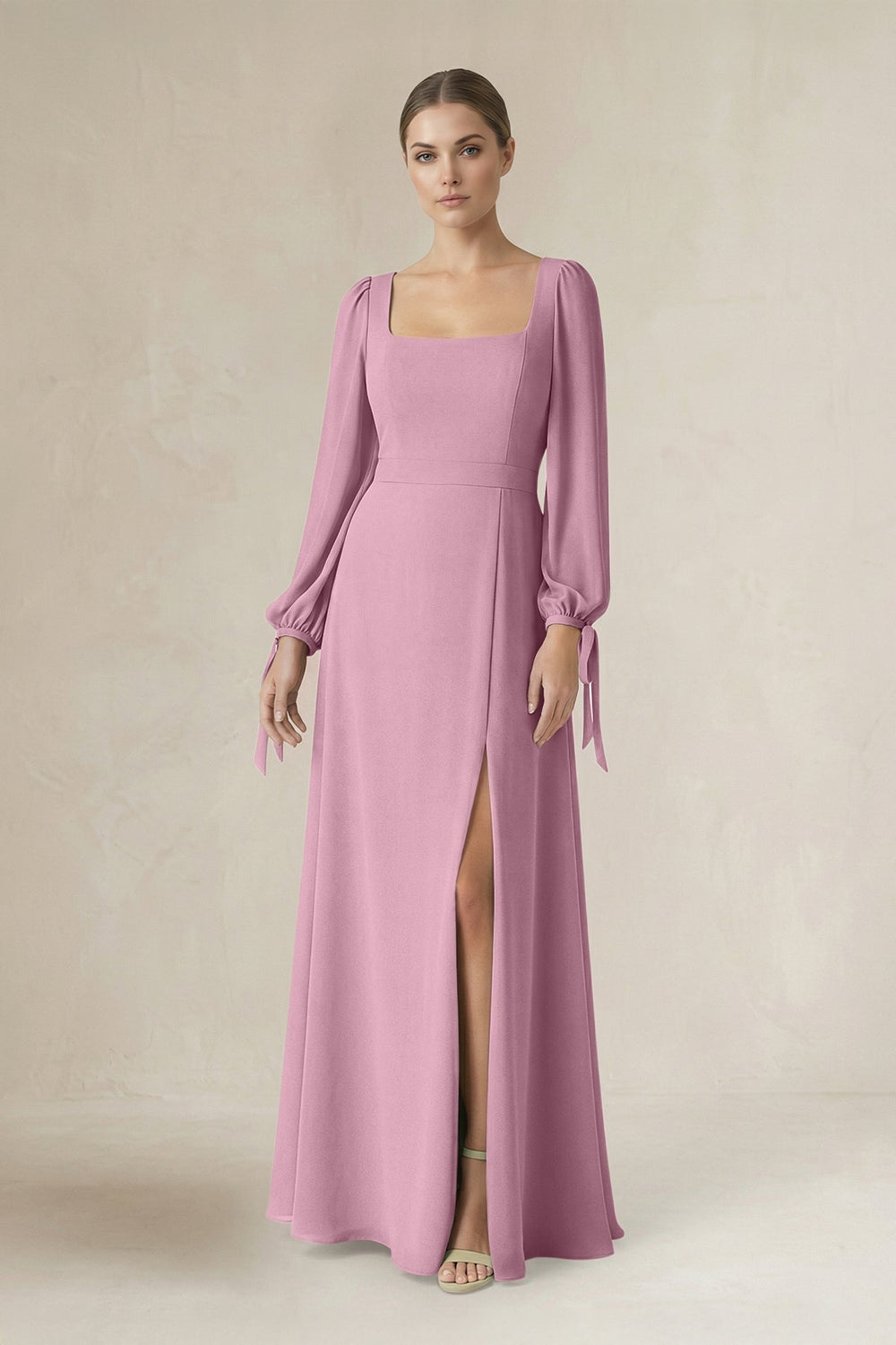Square Neck Long Sleeve A-Line Chiffon Bridesmaid Dress in Vintage Mauve - KISS BRIDAL BRIDESMAID DRESSES