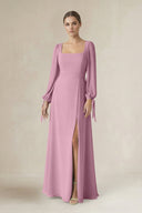 Square Neck Long Sleeve A-Line Chiffon Bridesmaid Dress in Vintage Mauve - SHE IS ME BRIDESMAID DRESSES