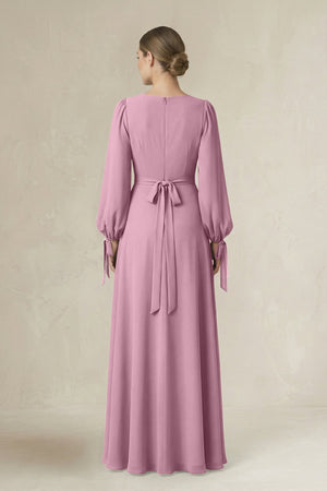 Square Neck Long Sleeve A-Line Chiffon Bridesmaid Dress in Vintage Mauve - SHE IS ME BRIDESMAID DRESSES