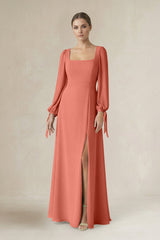Square Neck Long Sleeve A-Line Chiffon Bridesmaid Dress in Wild Rose - KISS BRIDAL BRIDESMAID DRESSES