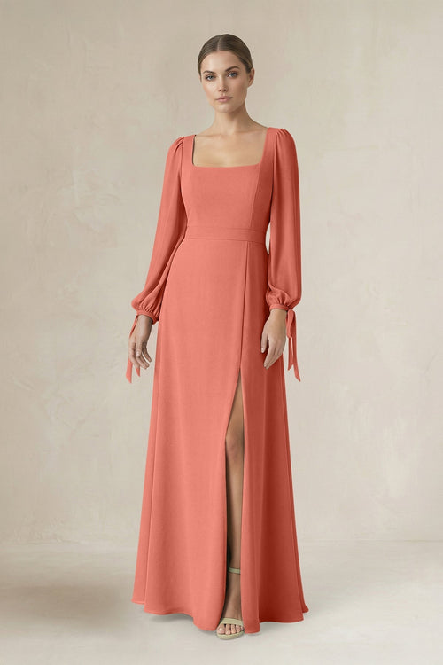 Square Neck Long Sleeve A-Line Chiffon Bridesmaid Dress in Wild Rose - SHE IS ME BRIDESMAID DRESSES