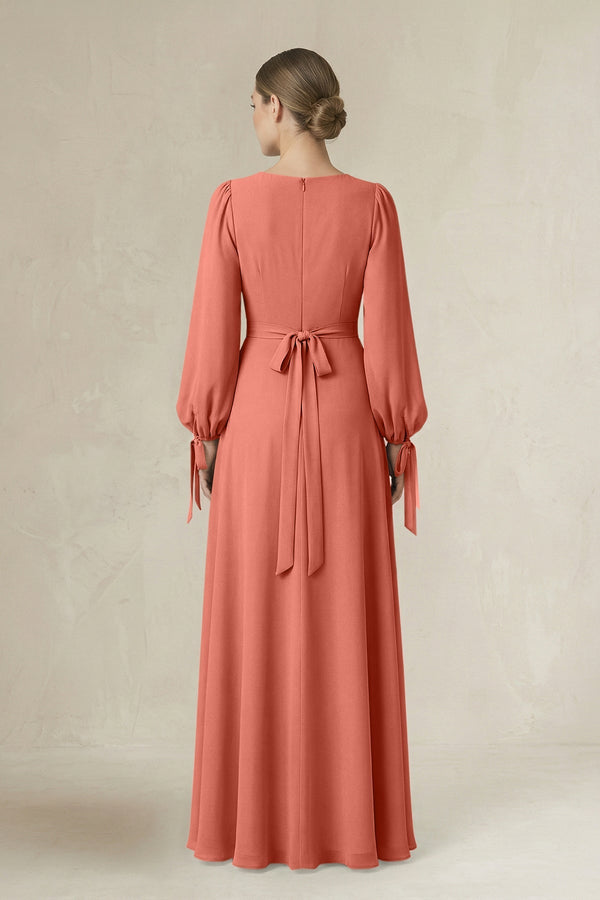 Square Neck Long Sleeve A-Line Chiffon Bridesmaid Dress in Wild Rose - SHE IS ME BRIDESMAID DRESSES