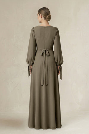 Square Neck Long Sleeve A-Line Chiffon Bridesmaid Dress in Willow Green - SHE IS ME BRIDESMAID DRESSES