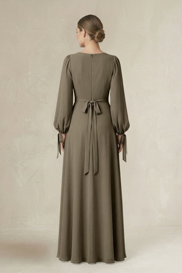 Square Neck Long Sleeve A-Line Chiffon Bridesmaid Dress in Willow Green - SHE IS ME BRIDESMAID DRESSES