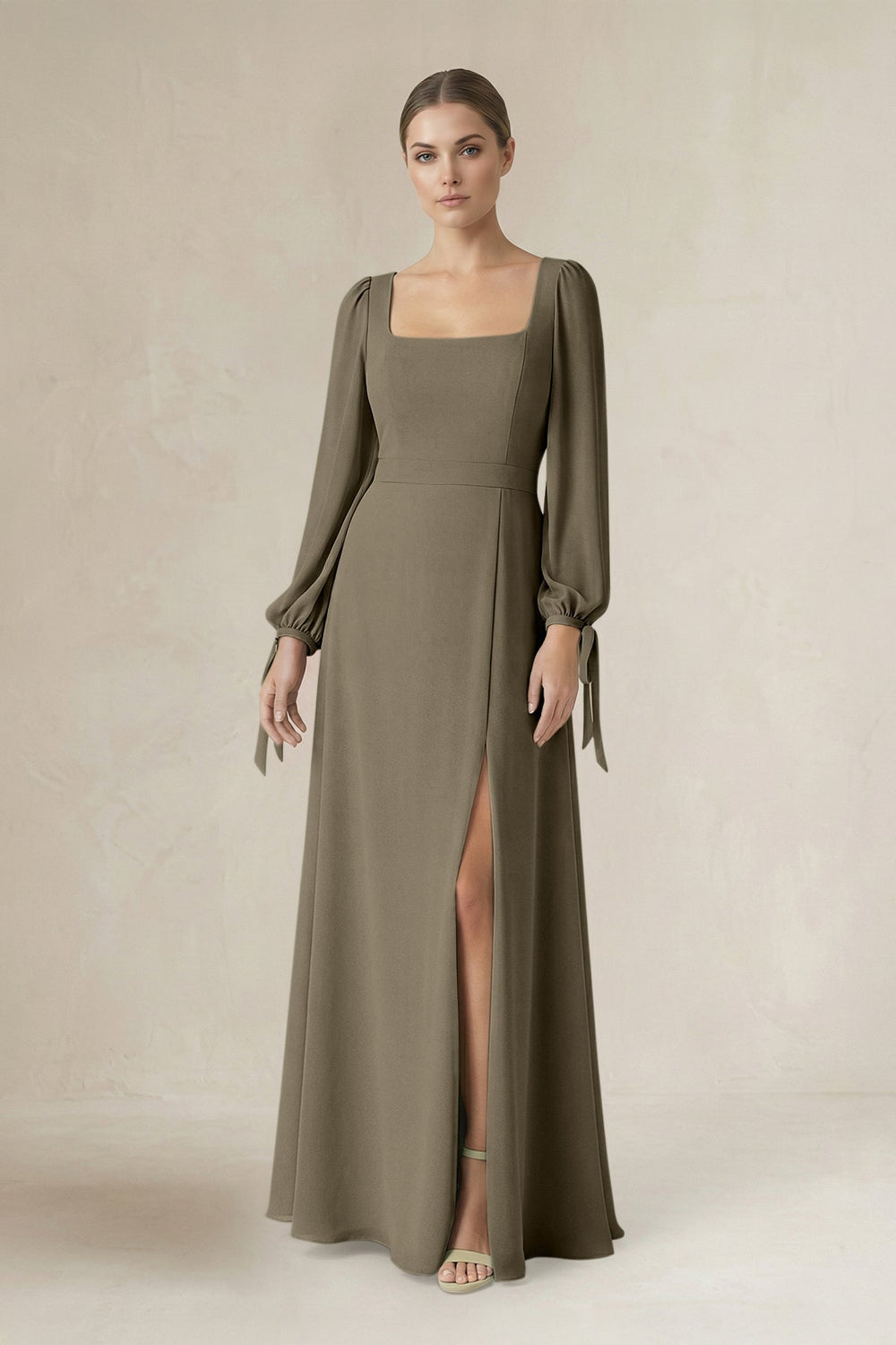 Square Neck Long Sleeve A-Line Chiffon Bridesmaid Dress in Willow Green - KISS BRIDAL BRIDESMAID DRESSES