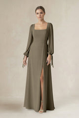 Square Neck Long Sleeve A-Line Chiffon Bridesmaid Dress in Willow Green - KISS BRIDAL BRIDESMAID DRESSES