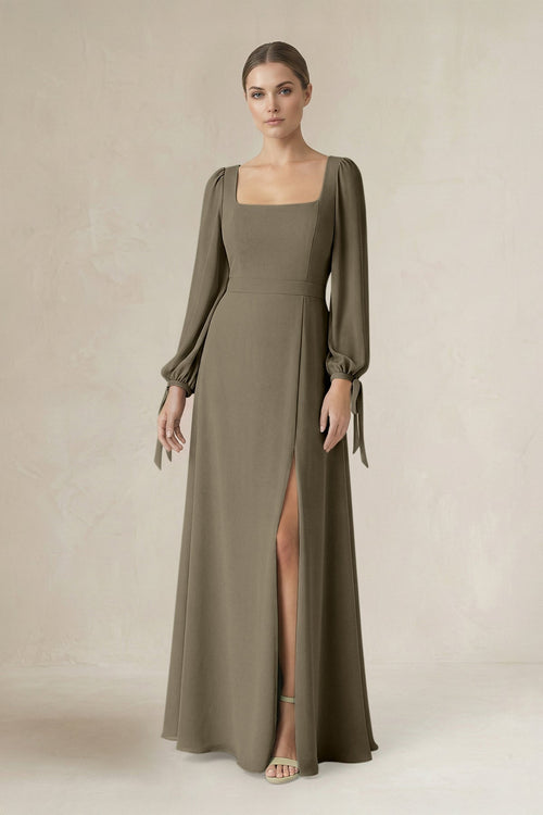 Square Neck Long Sleeve A-Line Chiffon Bridesmaid Dress in Willow Green - SHE IS ME BRIDESMAID DRESSES