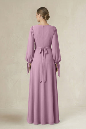 Square Neck Long Sleeve A-Line Chiffon Bridesmaid Dress in Wisteria - SHE IS ME BRIDESMAID DRESSES