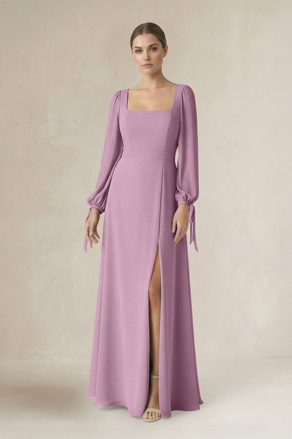 Square Neck Long Sleeve A-Line Chiffon Bridesmaid Dress in Wisteria - KISS BRIDAL BRIDESMAID DRESSES