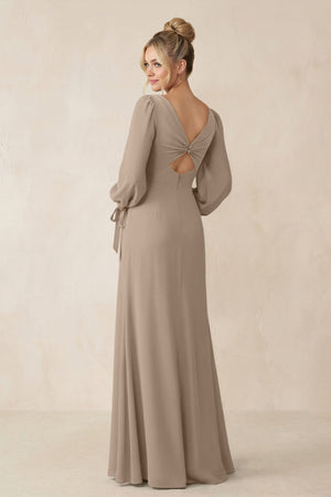 Square Neck Long Sleeve Sheath Chiffon Bridesmaid Dress in Almond (2) | KISSBRIDAL