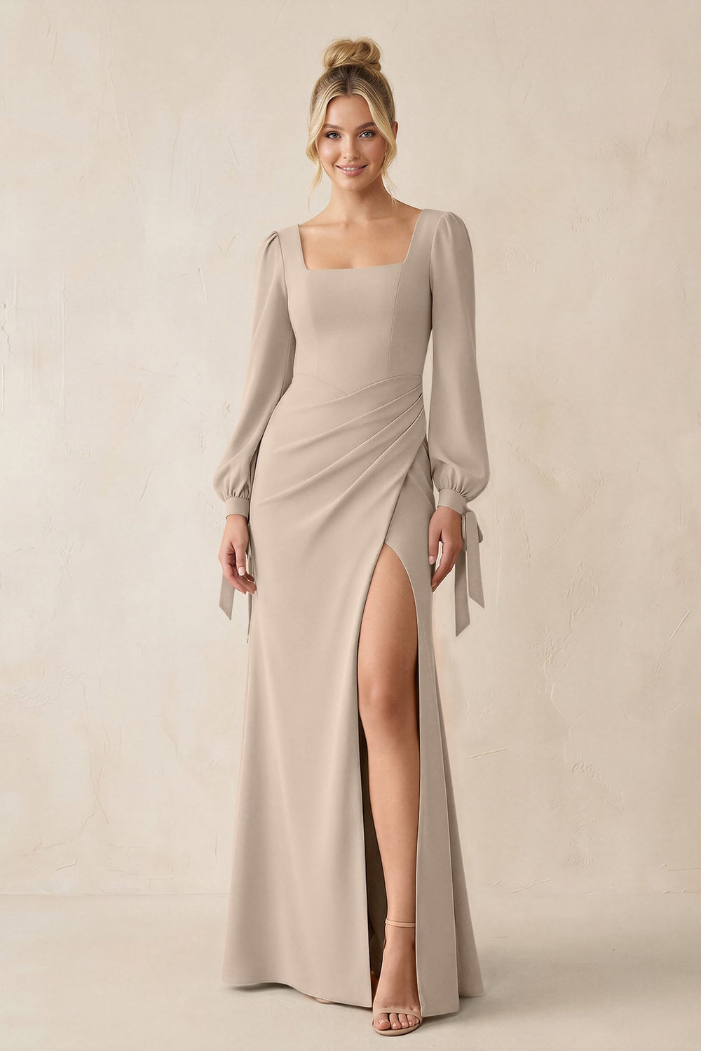 Square Neck Long Sleeve Sheath Chiffon Bridesmaid Dress in Almond - KISS BRIDAL Bridesmaid Dresses