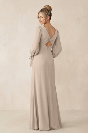 Square Neck Long Sleeve Sheath Chiffon Bridesmaid Dress in Almond - SHE IS ME Bridesmaid Dresses