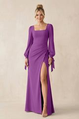 Square Neck Long Sleeve Sheath Chiffon Bridesmaid Dress in Amethyst - KISS BRIDAL Bridesmaid Dresses