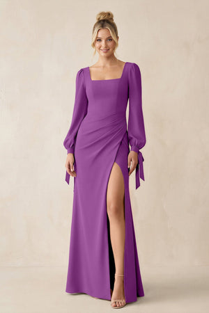 Square Neck Long Sleeve Sheath Chiffon Bridesmaid Dress in Amethyst - SHE IS ME Bridesmaid Dresses