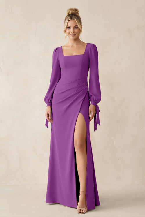 Square Neck Long Sleeve Sheath Chiffon Bridesmaid Dress in Amethyst - SHE IS ME Bridesmaid Dresses