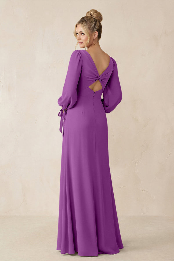 Square Neck Long Sleeve Sheath Chiffon Bridesmaid Dress in Amethyst - SHE IS ME Bridesmaid Dresses
