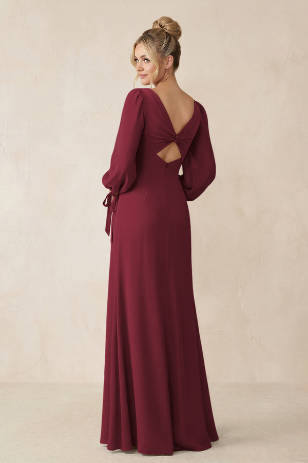 Square Neck Long Sleeve Sheath Chiffon Bridesmaid Dress in Berry (2) | KISSBRIDAL