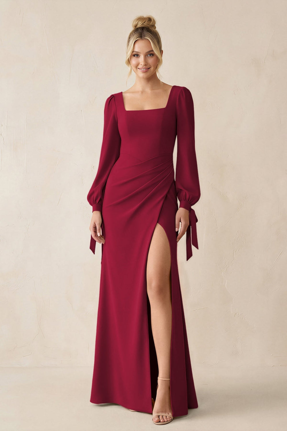 Square Neck Long Sleeve Sheath Chiffon Bridesmaid Dress in Berry - KISS BRIDAL Bridesmaid Dresses