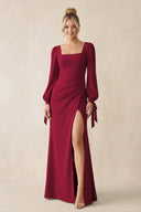 Square Neck Long Sleeve Sheath Chiffon Bridesmaid Dress in Berry - SHE IS ME Bridesmaid Dresses
