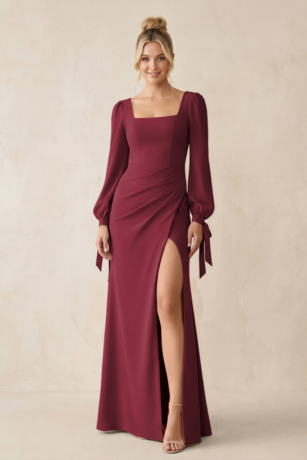 Square Neck Long Sleeve Sheath Chiffon Bridesmaid Dress in Berry