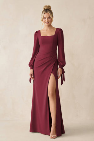 Square Neck Long Sleeve Sheath Chiffon Bridesmaid Dress in Berry | KISSBRIDAL