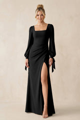 Square Neck Long Sleeve Sheath Chiffon Bridesmaid Dress in Black - KISS BRIDAL Bridesmaid Dresses