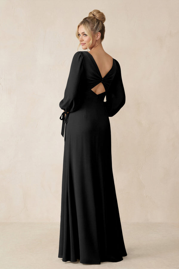 Square Neck Long Sleeve Sheath Chiffon Bridesmaid Dress in Black - SHE IS ME Bridesmaid Dresses