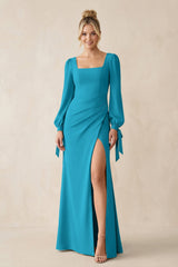 Square Neck Long Sleeve Sheath Chiffon Bridesmaid Dress in Blue Jay - KISS BRIDAL Bridesmaid Dresses