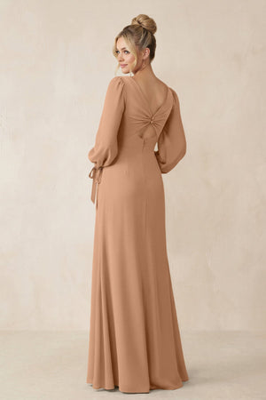 Square Neck Long Sleeve Sheath Chiffon Bridesmaid Dress in Bronzer - SHE IS ME Bridesmaid Dresses