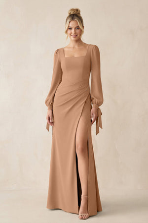 Square Neck Long Sleeve Sheath Chiffon Bridesmaid Dress in Bronzer - SHE IS ME Bridesmaid Dresses