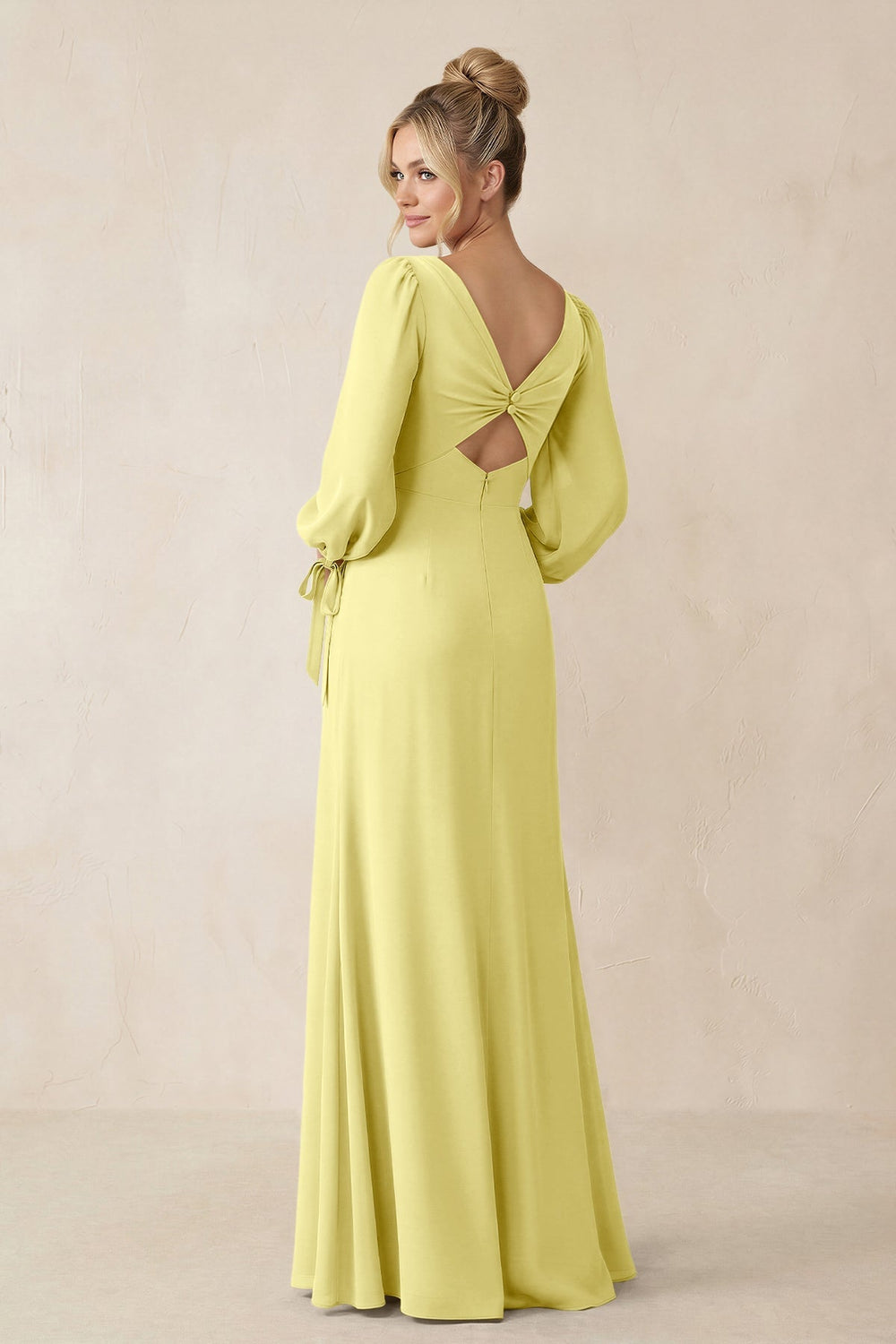 Square Neck Long Sleeve Sheath Chiffon Bridesmaid Dress in Buttercup - KISS BRIDAL Bridesmaid Dresses