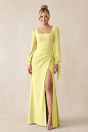 Square Neck Long Sleeve Sheath Chiffon Bridesmaid Dress in Buttercup - SHE IS ME Bridesmaid Dresses
