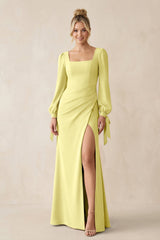 Square Neck Long Sleeve Sheath Chiffon Bridesmaid Dress in Buttercup - KISS BRIDAL Bridesmaid Dresses
