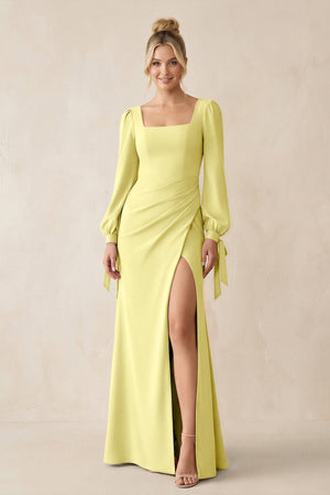 Square Neck Long Sleeve Sheath Chiffon Bridesmaid Dress in Buttercup - SHE IS ME Bridesmaid Dresses
