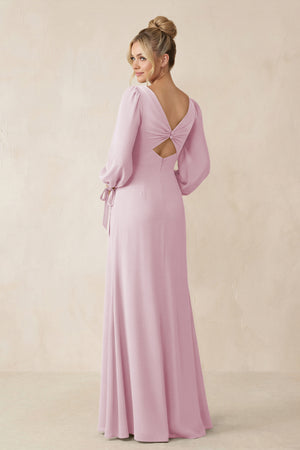 Square Neck Long Sleeve Sheath Chiffon Bridesmaid Dress in Candy Pink (2) | KISSBRIDAL