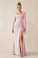 Square Neck Long Sleeve Sheath Chiffon Bridesmaid Dress in Candy Pink - SHE IS ME Bridesmaid Dresses
