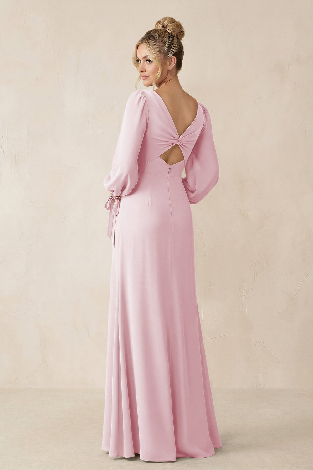 Square Neck Long Sleeve Sheath Chiffon Bridesmaid Dress in Candy Pink - KISS BRIDAL Bridesmaid Dresses