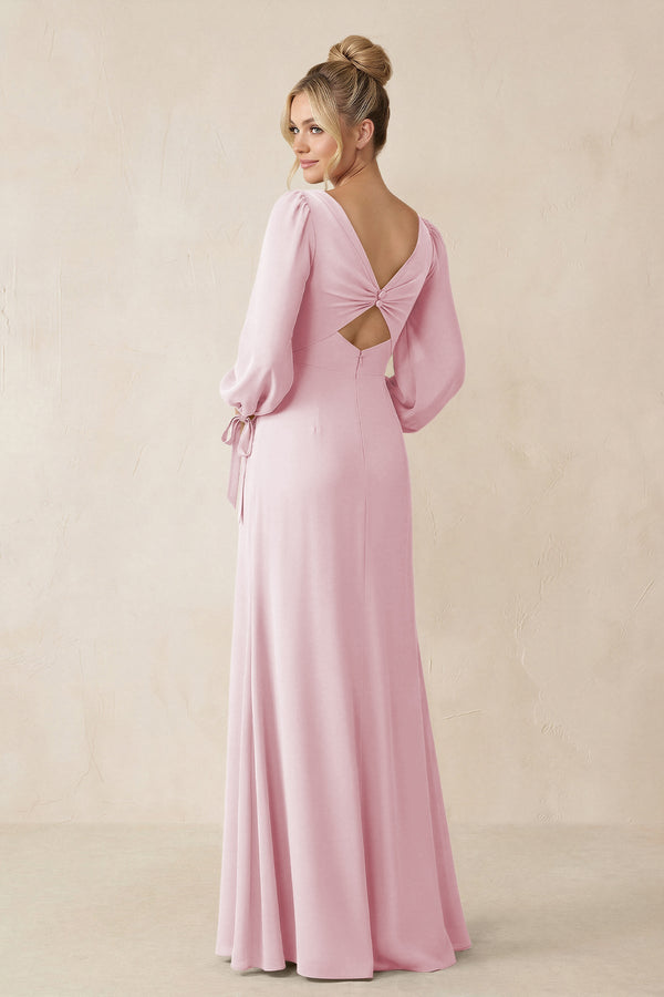 Square Neck Long Sleeve Sheath Chiffon Bridesmaid Dress in Candy Pink - SHE IS ME Bridesmaid Dresses