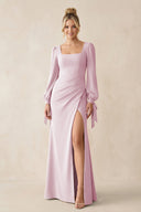 Square Neck Long Sleeve Sheath Chiffon Bridesmaid Dress in Candy Pink | KISSBRIDAL