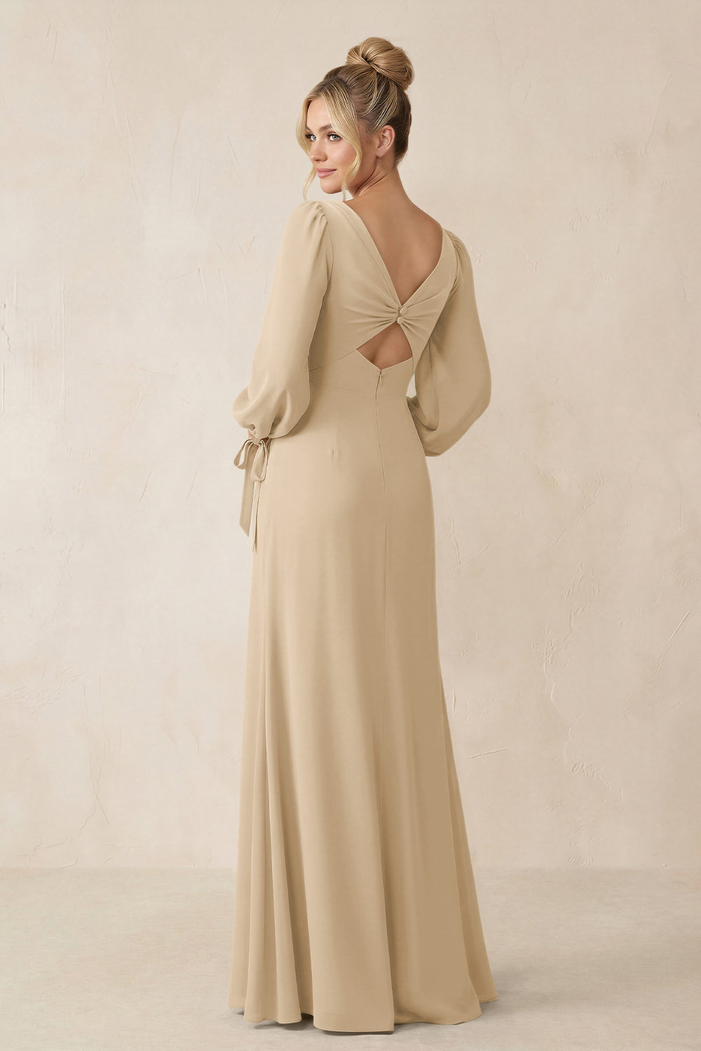 Square Neck Long Sleeve Sheath Chiffon Bridesmaid Dress in Champagne